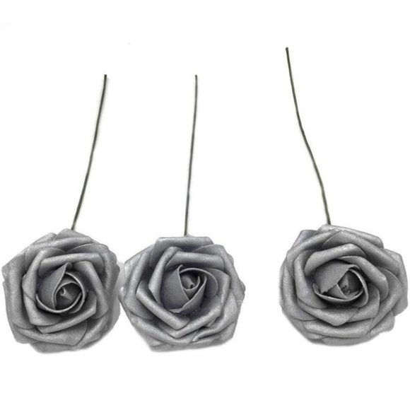 25 pcs Silver Roses Flowers with stems Realistic Floral Grey Wedding Bouquet - Picture 4 of 4